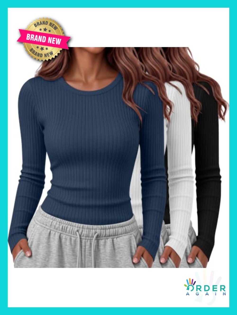 3 Pack Women's Ribbed Long Sleeve Crew Neck Tops Slim Fit Tees